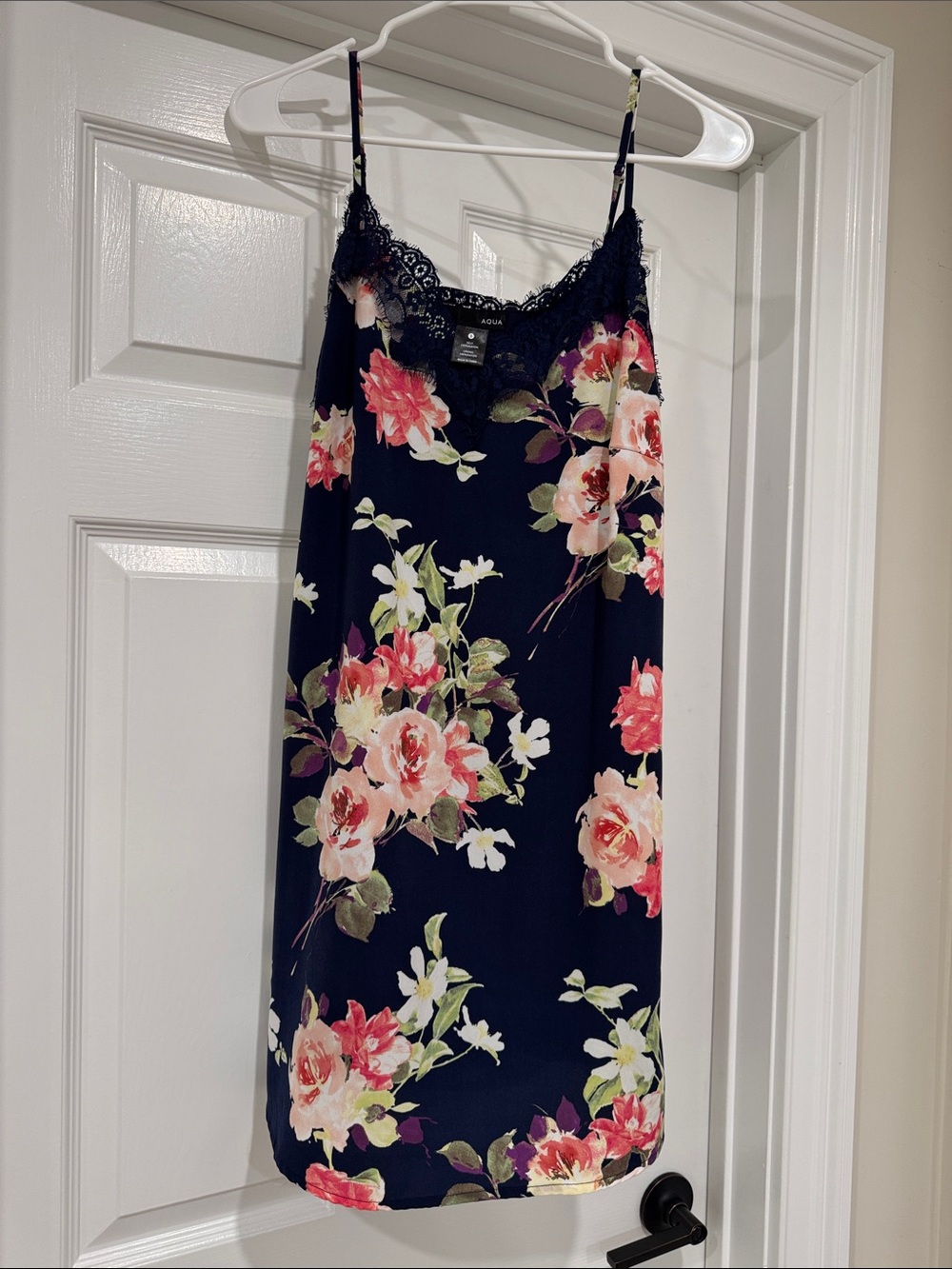 Aqua Navy Slip Dress with Pink Floral Print & Lace Trim